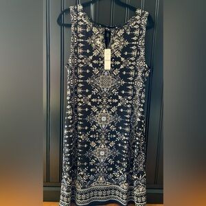 White House Black Market Medallion Print Knit Shift Dress Embellished Blue LARGE